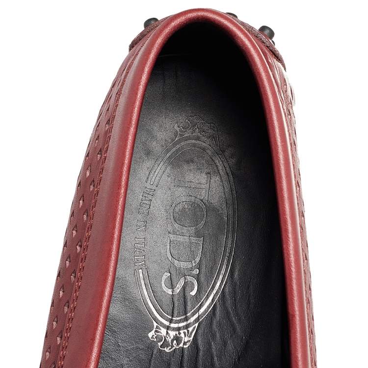 Pre Owned Tod's Burgundy Leather Studded Cut Out Buckle Detail Loafers Size 36.5