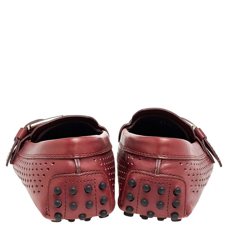 Pre Owned Tod's Burgundy Leather Studded Cut Out Buckle Detail Loafers Size 36.5