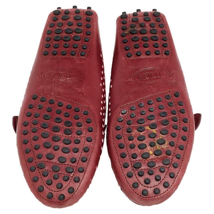 Pre Owned Tod's Burgundy Leather Studded Cut Out Buckle Detail Loafers Size 36.5