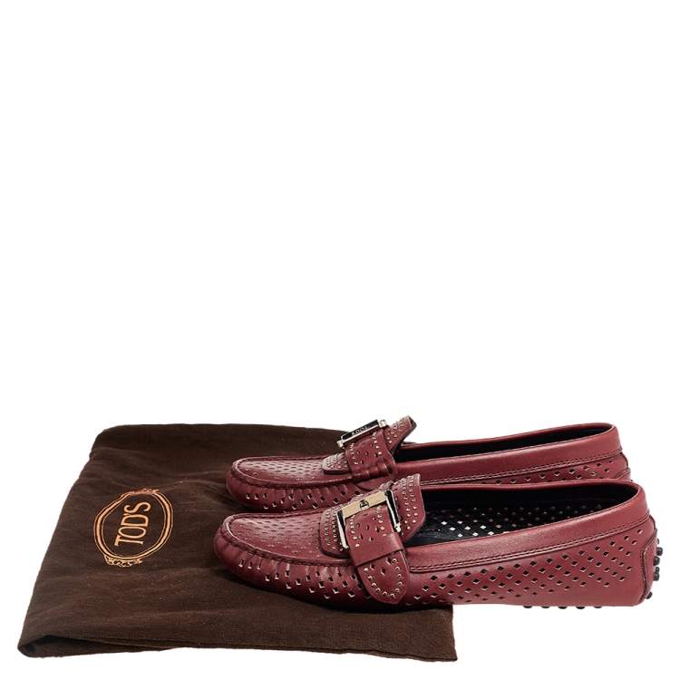 Pre Owned Tod's Burgundy Leather Studded Cut Out Buckle Detail Loafers Size 36.5