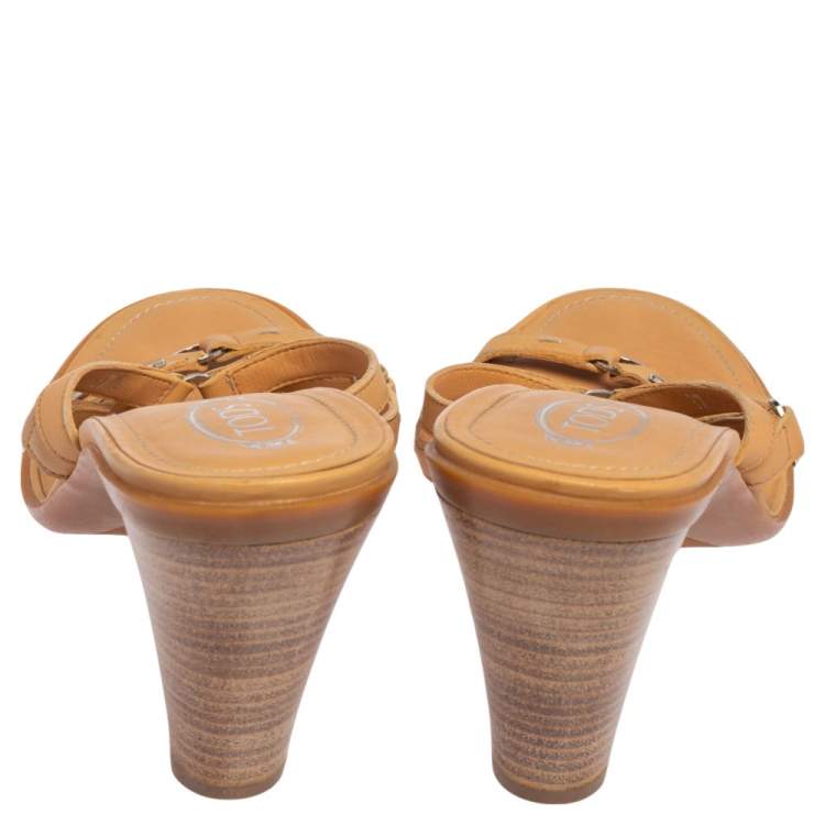 Pre Owned Tod's Tan Leather Strappy Slide Sandals Size 37.5