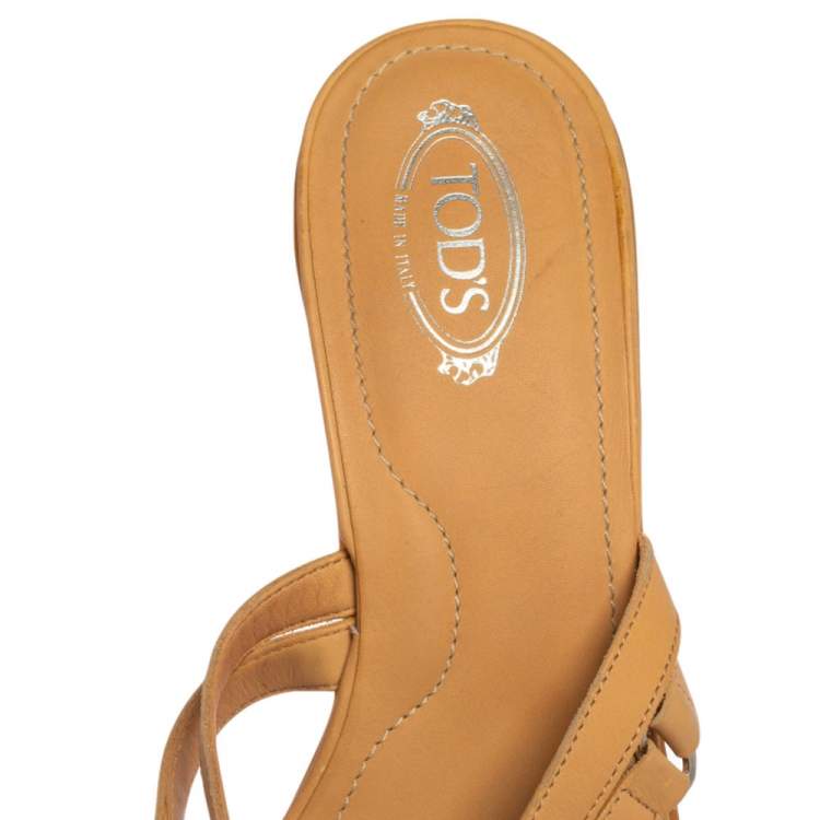Pre Owned Tod's Tan Leather Strappy Slide Sandals Size 37.5
