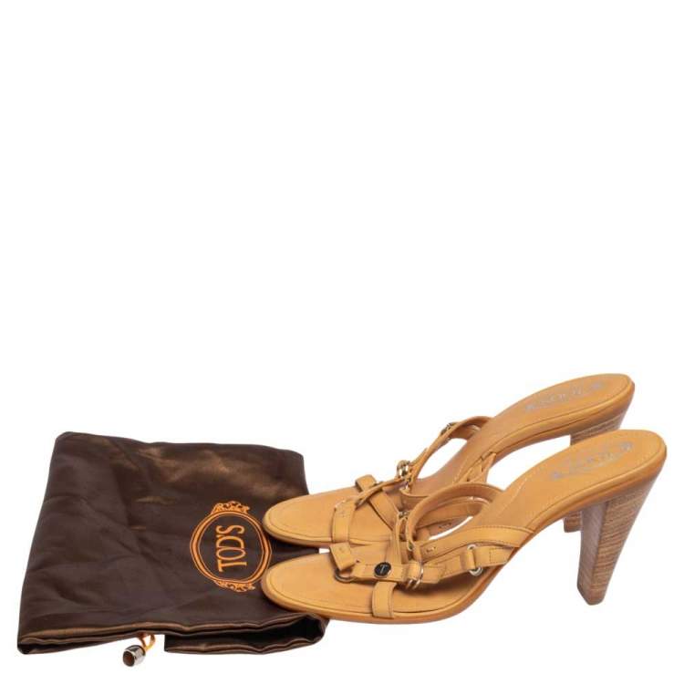Pre Owned Tod's Tan Leather Strappy Slide Sandals Size 37.5