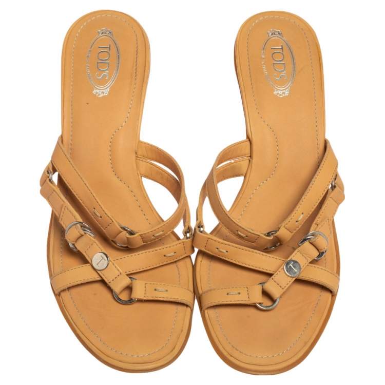 Pre Owned Tod's Tan Leather Strappy Slide Sandals Size 37.5