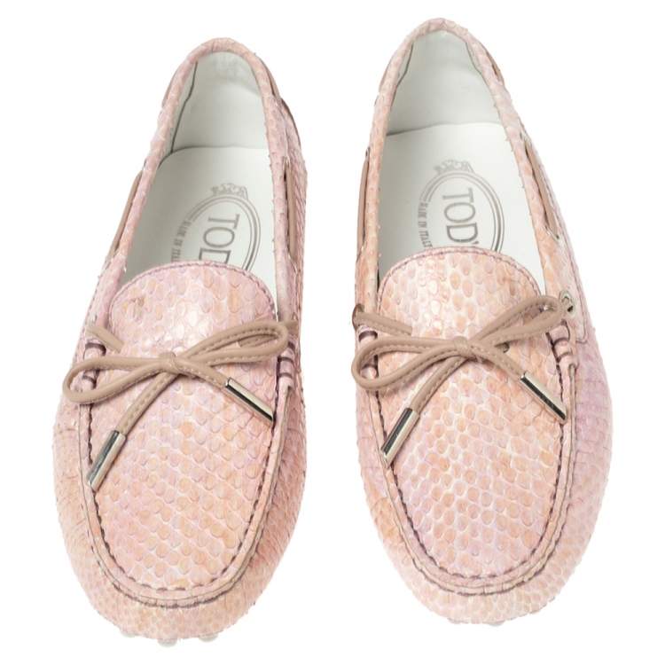 Pre Owned Tod's Pink Python Leather Bow Loafers Size 36