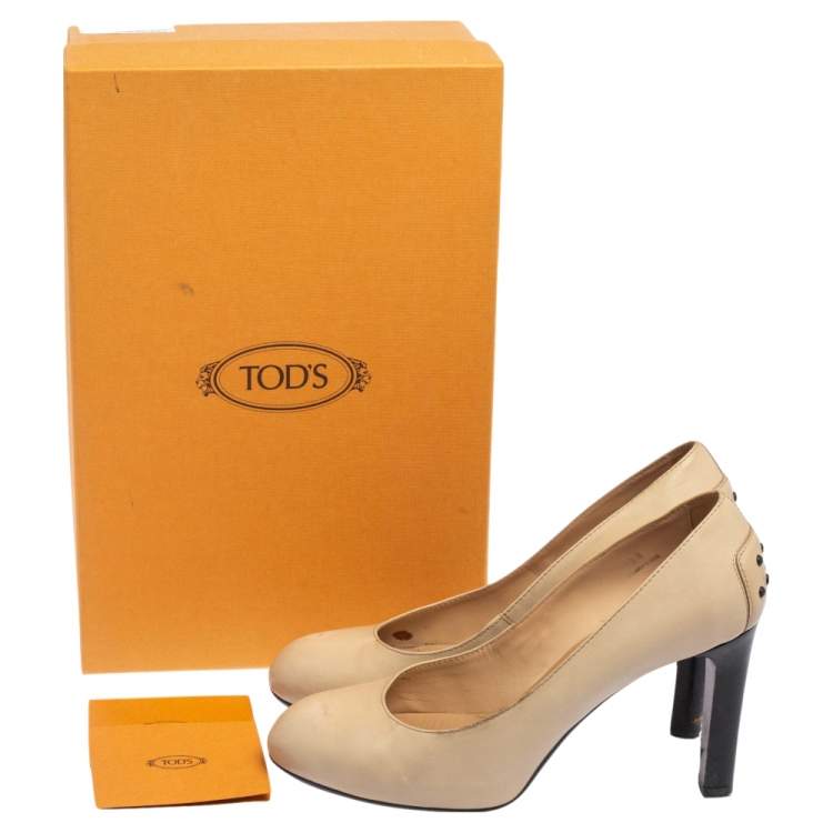 Pre Owned Tod's Beige Leather Block Heel Pumps Size 38