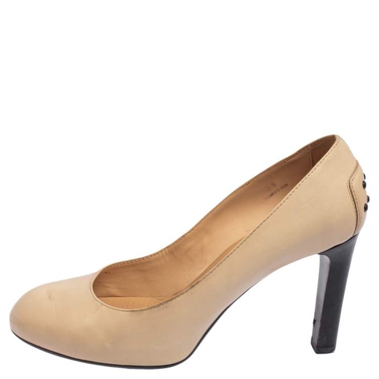 Pre Owned Tod's Beige Leather Block Heel Pumps Size 38