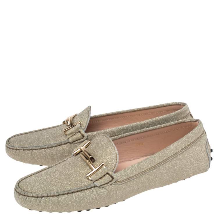 Pre Owned Tod's Gold Glitter Double T Slip On Loafers Size 39.5