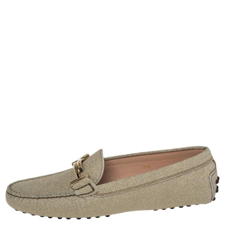 Pre Owned Tod's Gold Glitter Double T Slip On Loafers Size 39.5