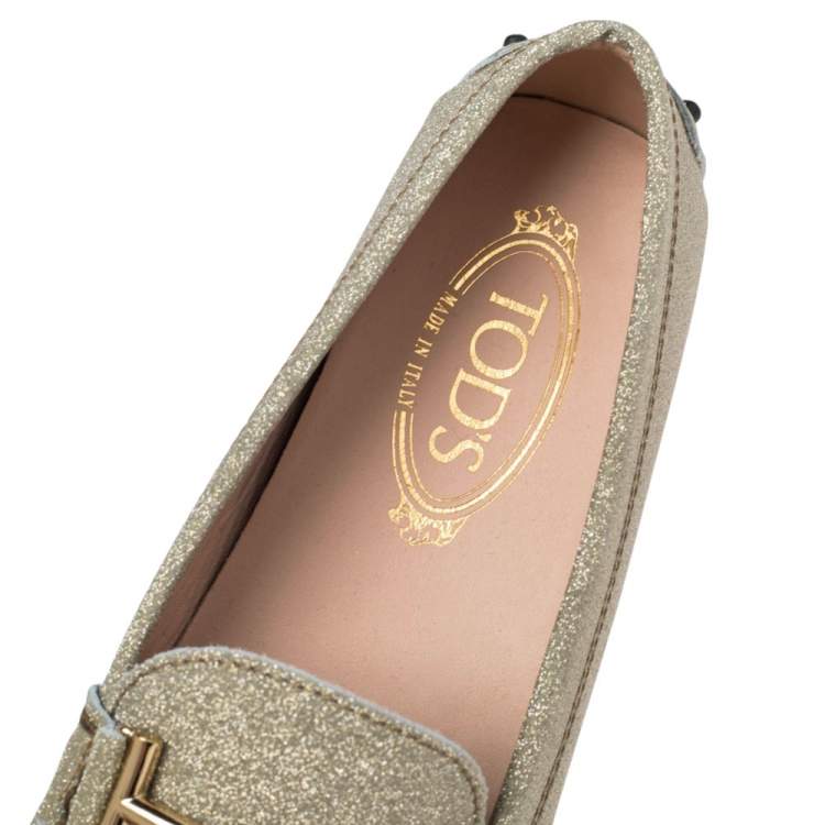 Pre Owned Tod's Gold Glitter Double T Slip On Loafers Size 39.5