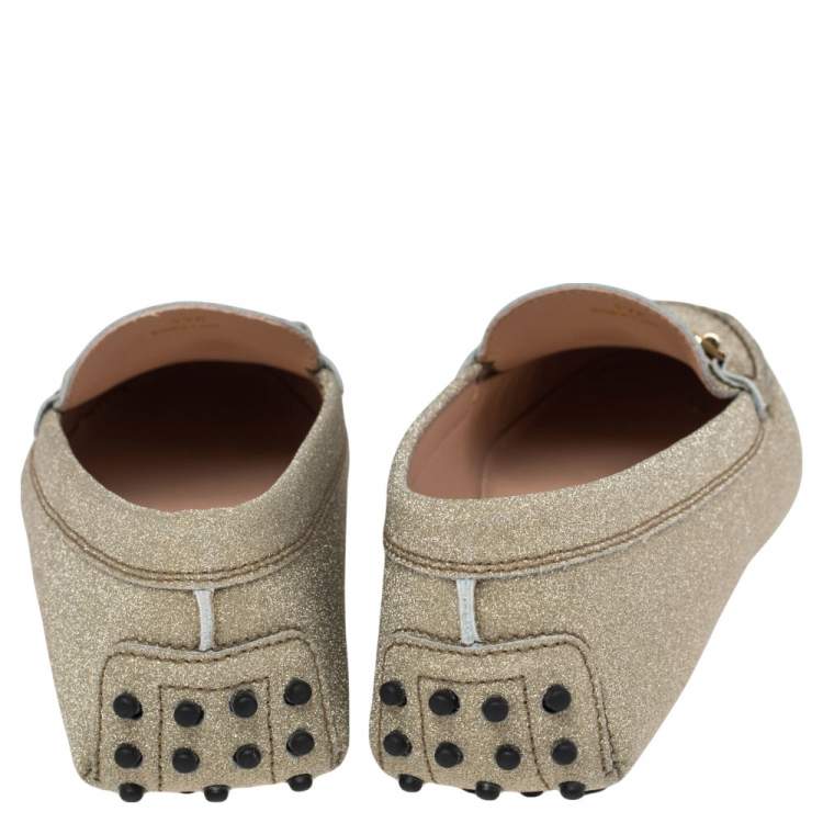 Pre Owned Tod's Gold Glitter Double T Slip On Loafers Size 39.5