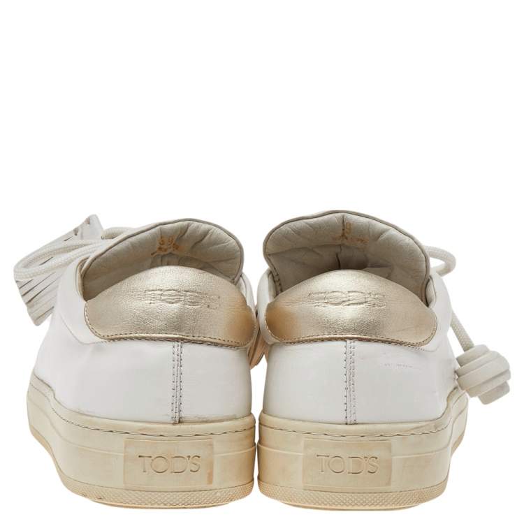 Pre Owned Tod's White Leather Tassel Trim Low Top Sneakers Size 39