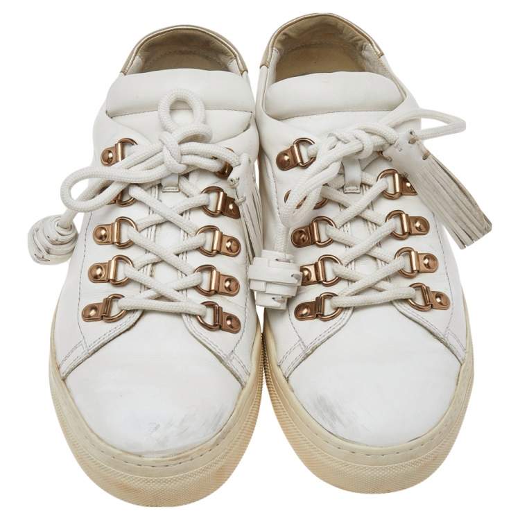 Pre Owned Tod's White Leather Tassel Trim Low Top Sneakers Size 39