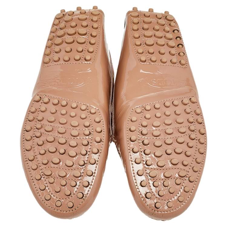 Pre Owned Tod's Beige Patent Leather Logo Bit Slip On Loafers Size 37.5