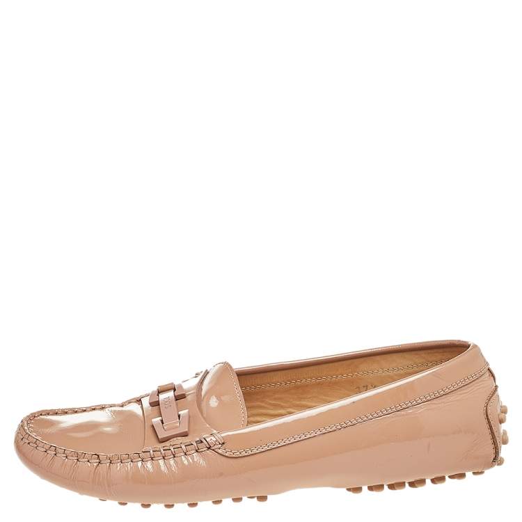 Pre Owned Tod's Beige Patent Leather Logo Bit Slip On Loafers Size 37.5