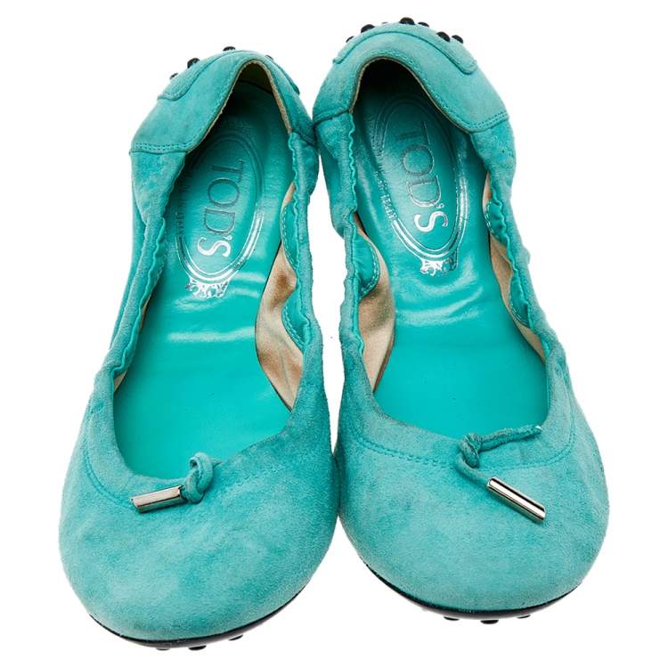 Pre Owned Tod's Mint Green Suede Bow Scrunch Ballet Flats Size 39