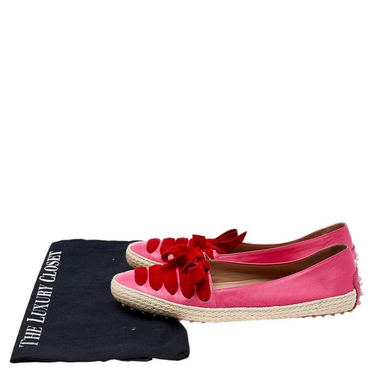 Pre Owned Tod's Pink/Red Suede And Leather Espadrille Flats Size 38.5