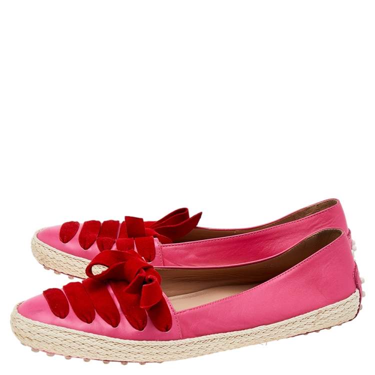Pre Owned Tod's Pink/Red Suede And Leather Espadrille Flats Size 38.5