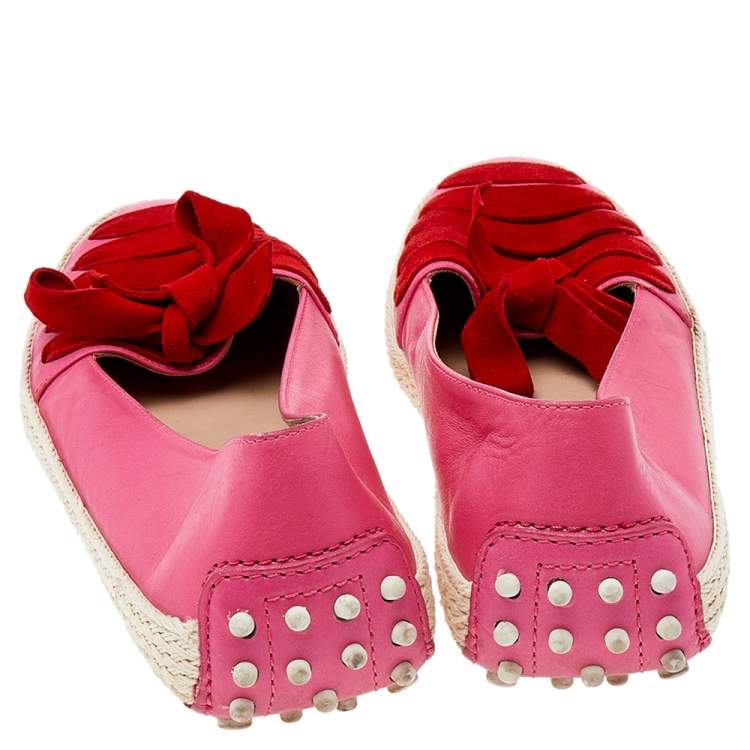 Pre Owned Tod's Pink/Red Suede And Leather Espadrille Flats Size 38.5