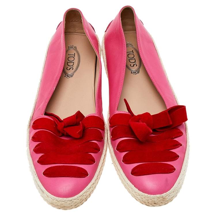 Pre Owned Tod's Pink/Red Suede And Leather Espadrille Flats Size 38.5