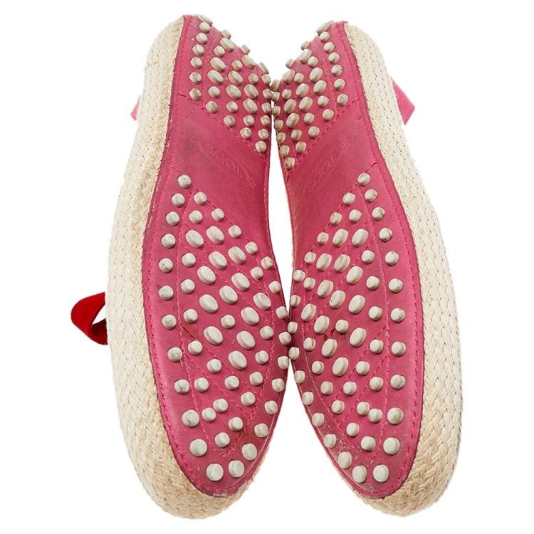 Pre Owned Tod's Pink/Red Suede And Leather Espadrille Flats Size 38.5