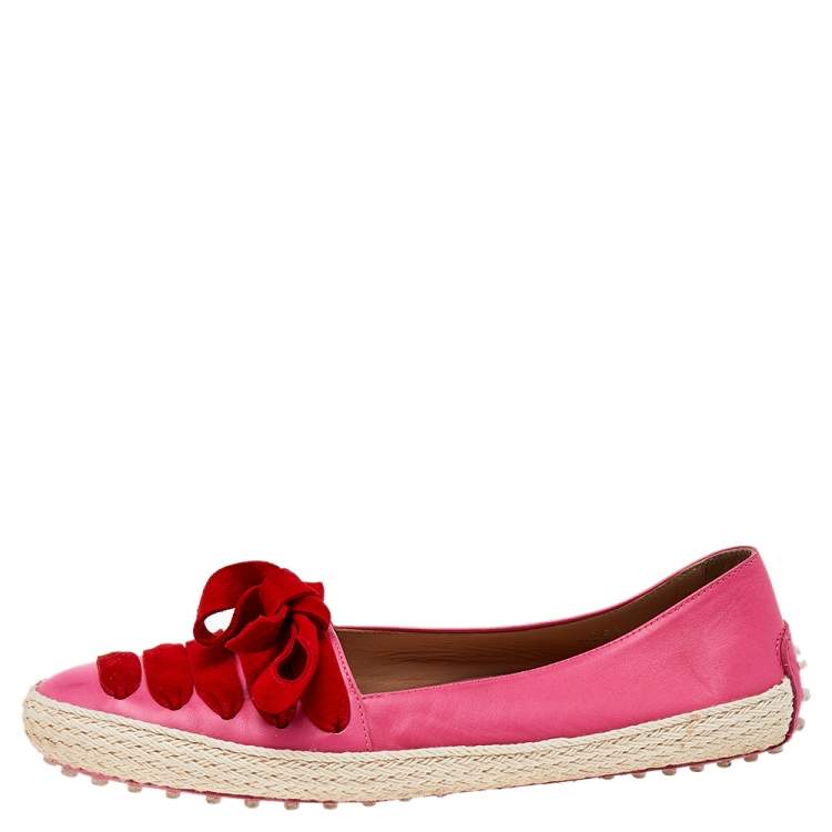 Pre Owned Tod's Pink/Red Suede And Leather Espadrille Flats Size 38.5