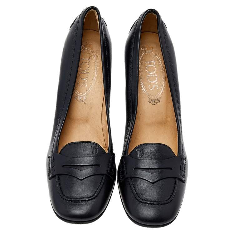 Pre Owned Tod's Black Leather Penny Loafer Pumps Size 36.5