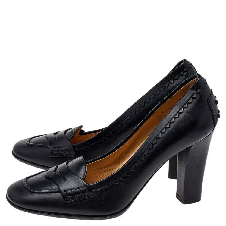 Pre Owned Tod's Black Leather Penny Loafer Pumps Size 36.5