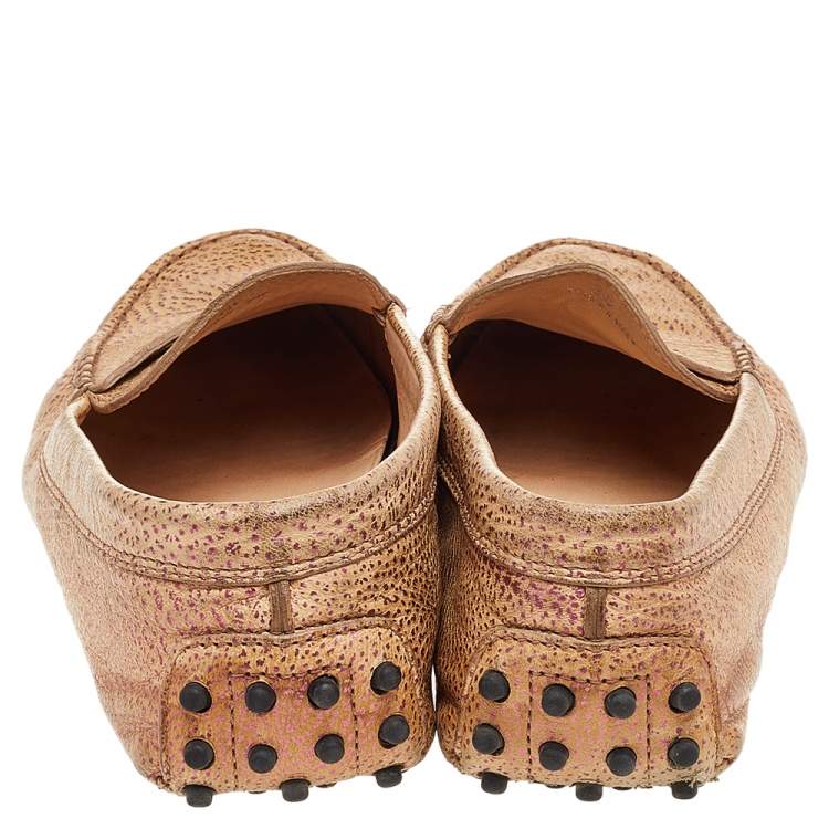 Pre Owned Tod's Beige/Metallic Pink Leather Penny Slip On Loafers Size 38