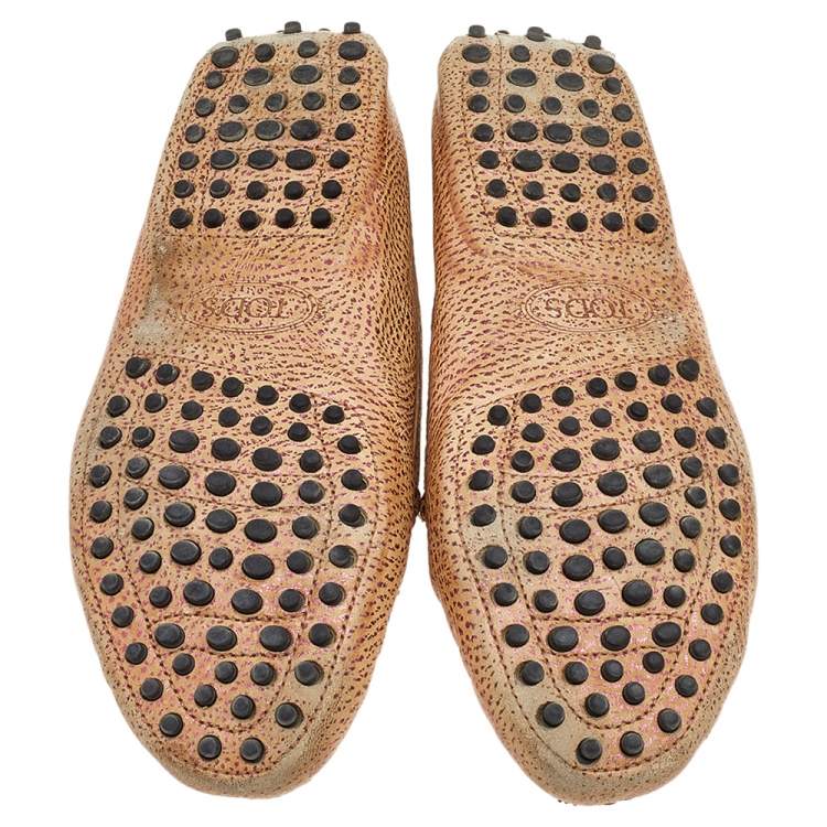 Pre Owned Tod's Beige/Metallic Pink Leather Penny Slip On Loafers Size 38