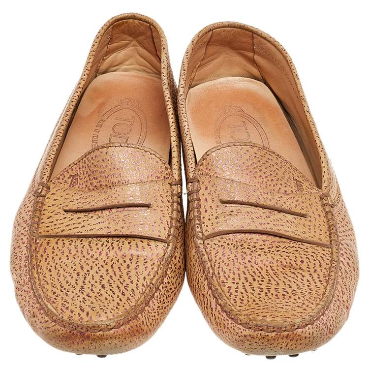 Pre Owned Tod's Beige/Metallic Pink Leather Penny Slip On Loafers Size 38