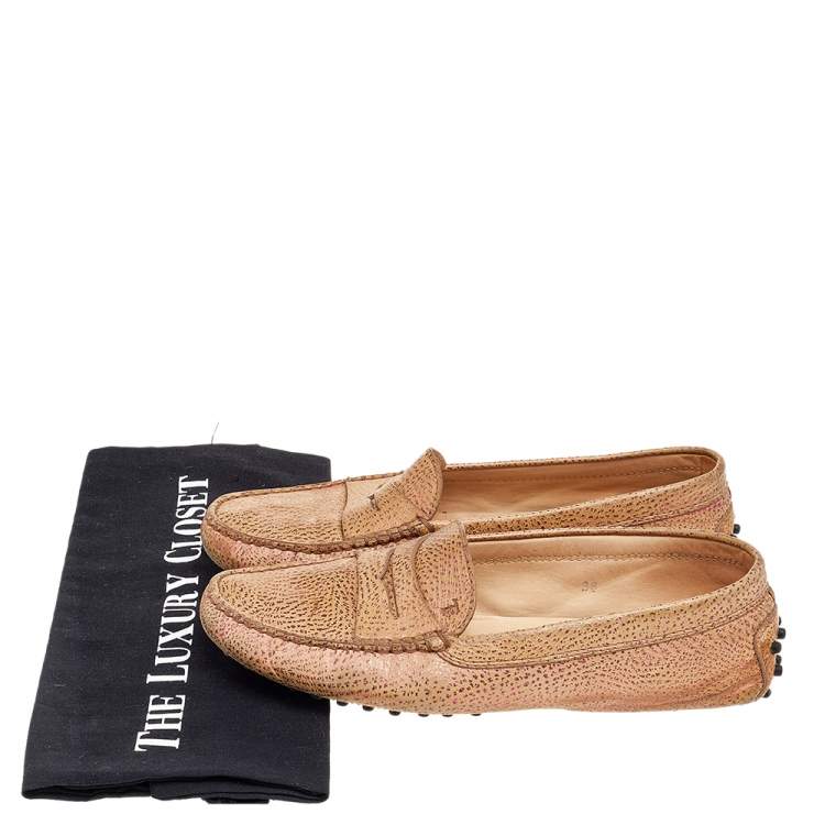 Pre Owned Tod's Beige/Metallic Pink Leather Penny Slip On Loafers Size 38