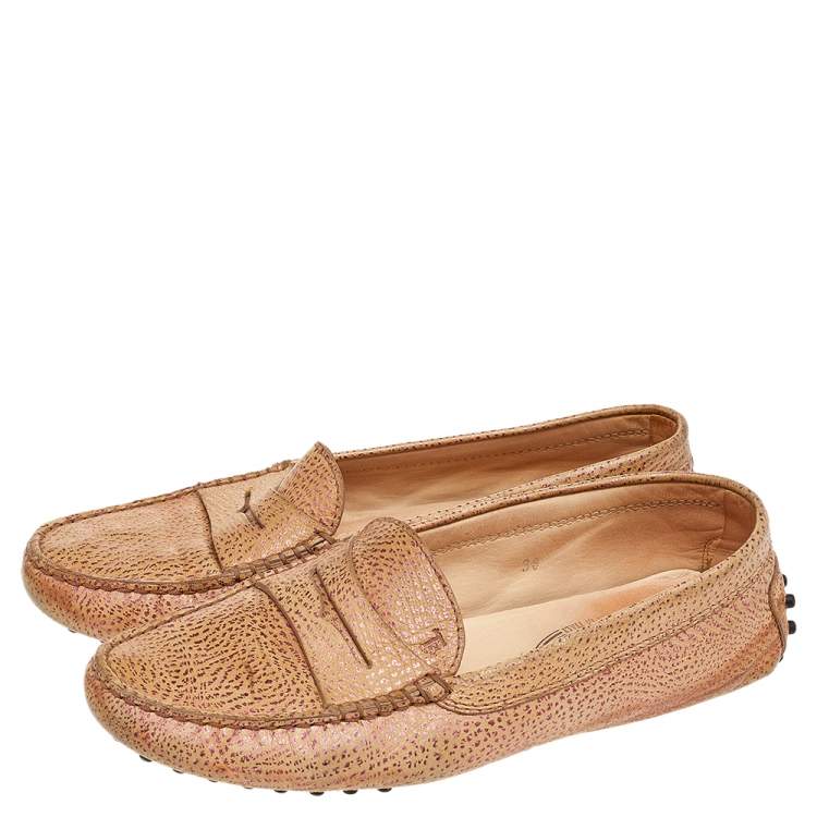 Pre Owned Tod's Beige/Metallic Pink Leather Penny Slip On Loafers Size 38