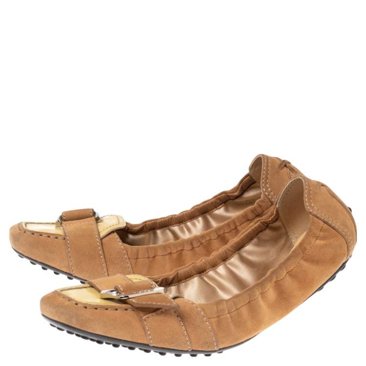 Pre Owned Tod's Tan/Yellow Patent Leather and Suede Scrunch Loafers Size 38.5