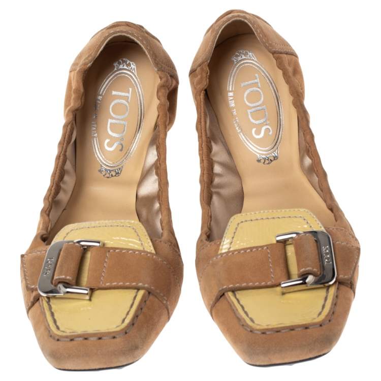 Pre Owned Tod's Tan/Yellow Patent Leather and Suede Scrunch Loafers Size 38.5