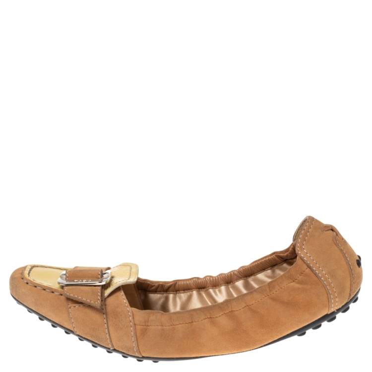 Pre Owned Tod's Tan/Yellow Patent Leather and Suede Scrunch Loafers Size 38.5