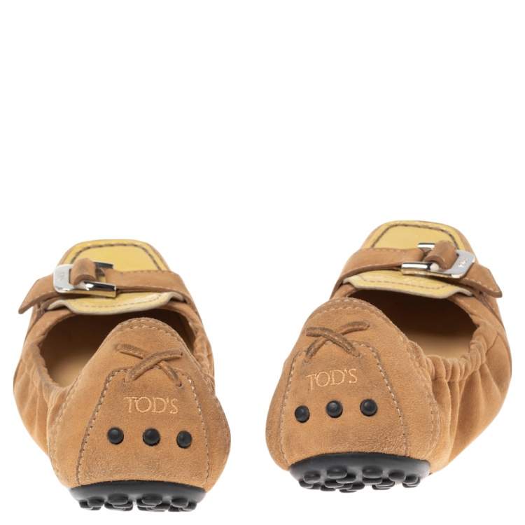 Pre Owned Tod's Tan/Yellow Patent Leather and Suede Scrunch Loafers Size 38.5
