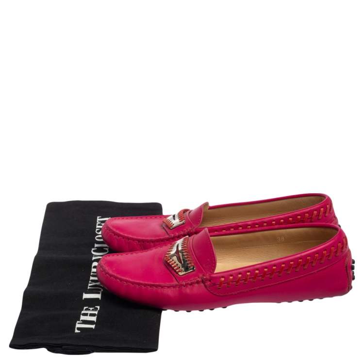 Pre Owned Tod's Fuchsia Leather Whip Stitch Detail Penny Slip On Loafers Size 38