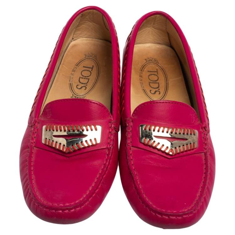 Pre Owned Tod's Fuchsia Leather Whip Stitch Detail Penny Slip On Loafers Size 38