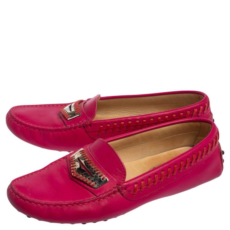 Pre Owned Tod's Fuchsia Leather Whip Stitch Detail Penny Slip On Loafers Size 38