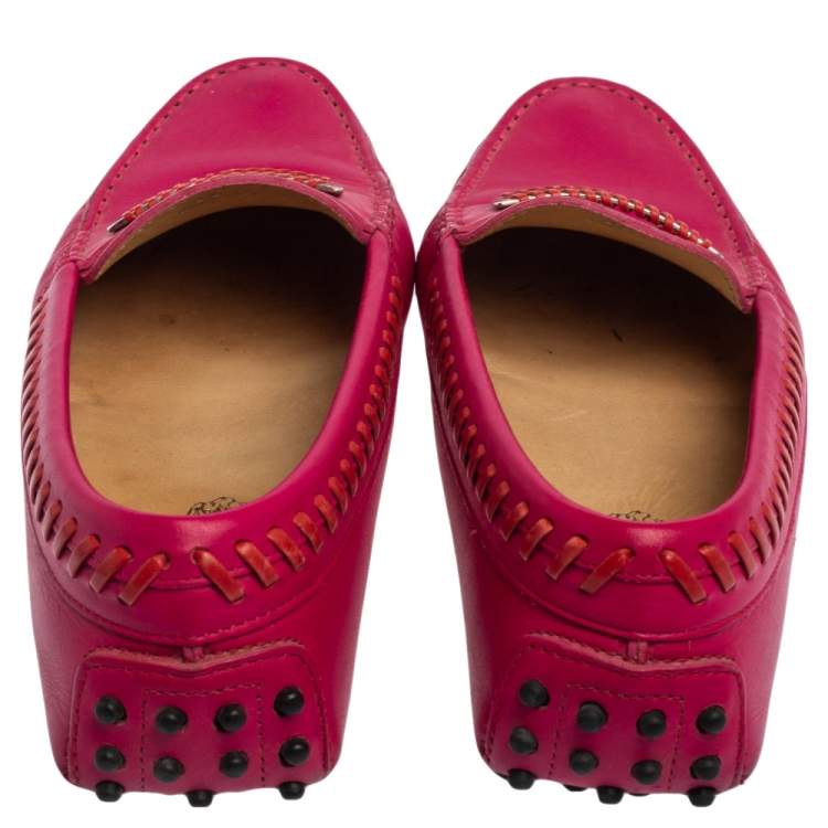 Pre Owned Tod's Fuchsia Leather Whip Stitch Detail Penny Slip On Loafers Size 38