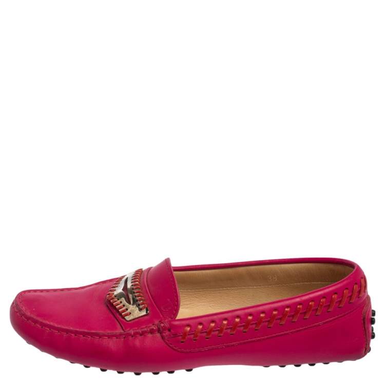 Pre Owned Tod's Fuchsia Leather Whip Stitch Detail Penny Slip On Loafers Size 38