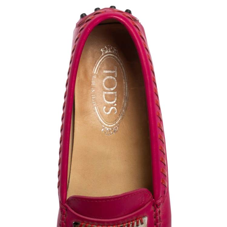 Pre Owned Tod's Fuchsia Leather Whip Stitch Detail Penny Slip On Loafers Size 38