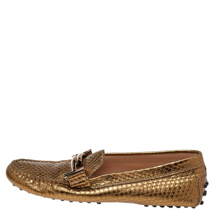 Pre Owned Tod's Metallic Gold Embossed Leather Slip on Loafers Size 36