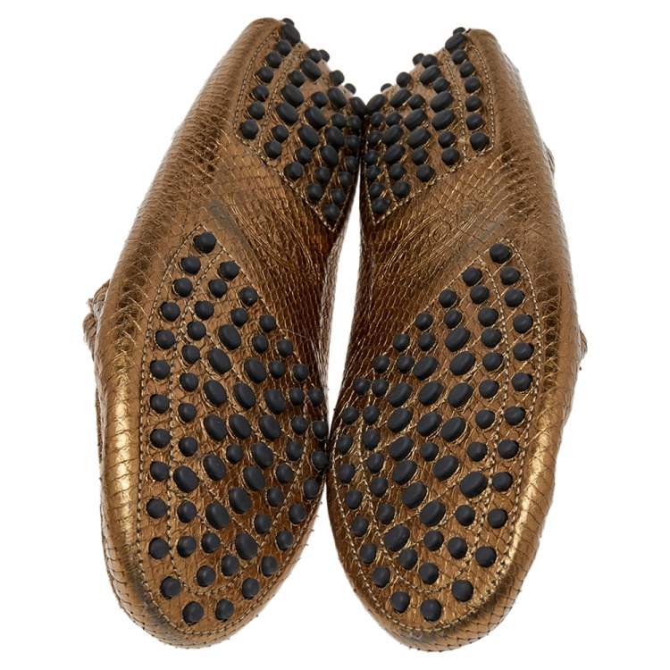 Pre Owned Tod's Metallic Gold Embossed Leather Slip on Loafers Size 36