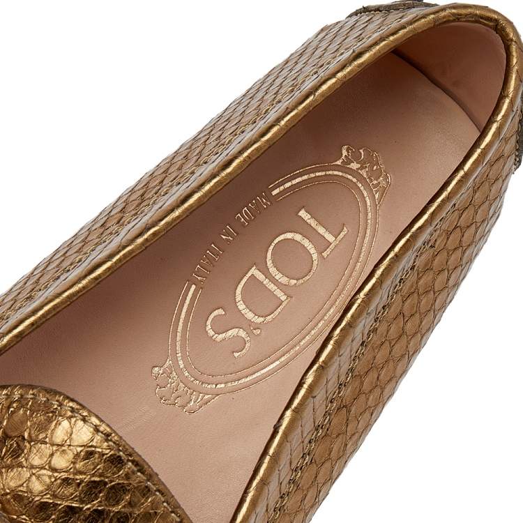 Pre Owned Tod's Metallic Gold Embossed Leather Slip on Loafers Size 36