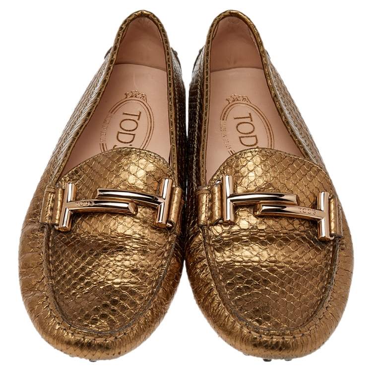Pre Owned Tod's Metallic Gold Embossed Leather Slip on Loafers Size 36