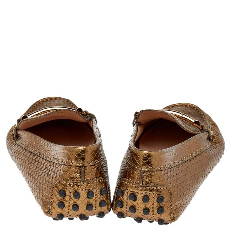 Pre Owned Tod's Metallic Gold Embossed Leather Slip on Loafers Size 36
