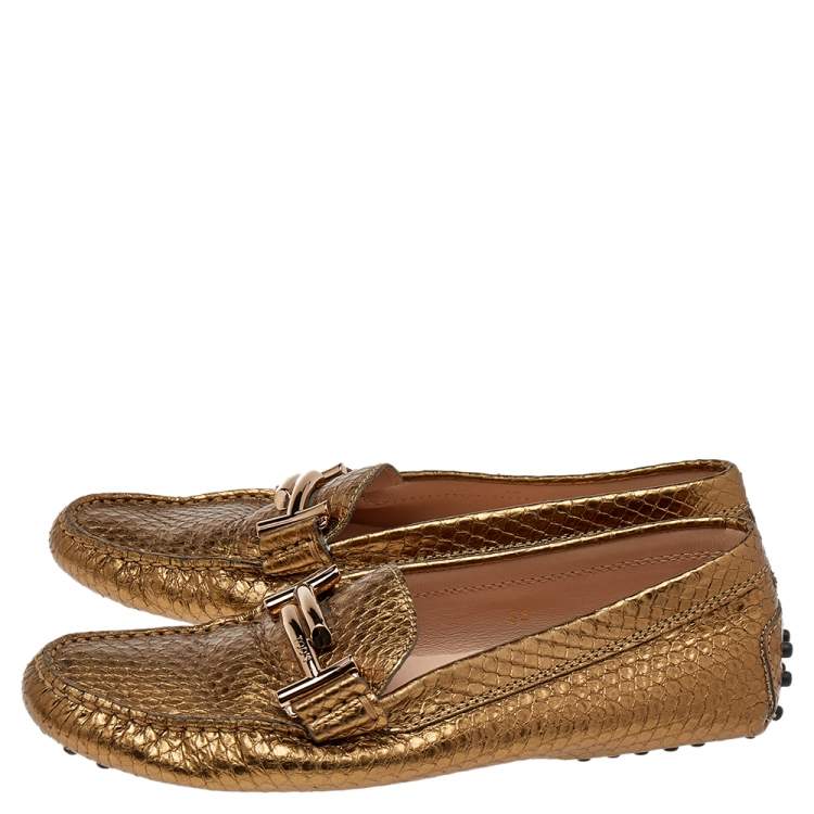 Pre Owned Tod's Metallic Gold Embossed Leather Slip on Loafers Size 36
