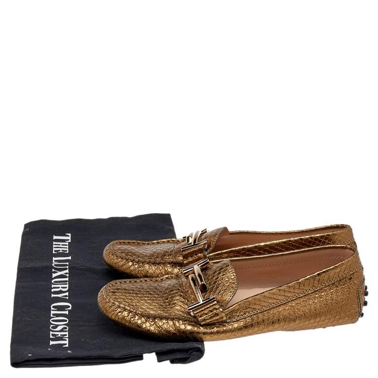 Pre Owned Tod's Metallic Gold Embossed Leather Slip on Loafers Size 36